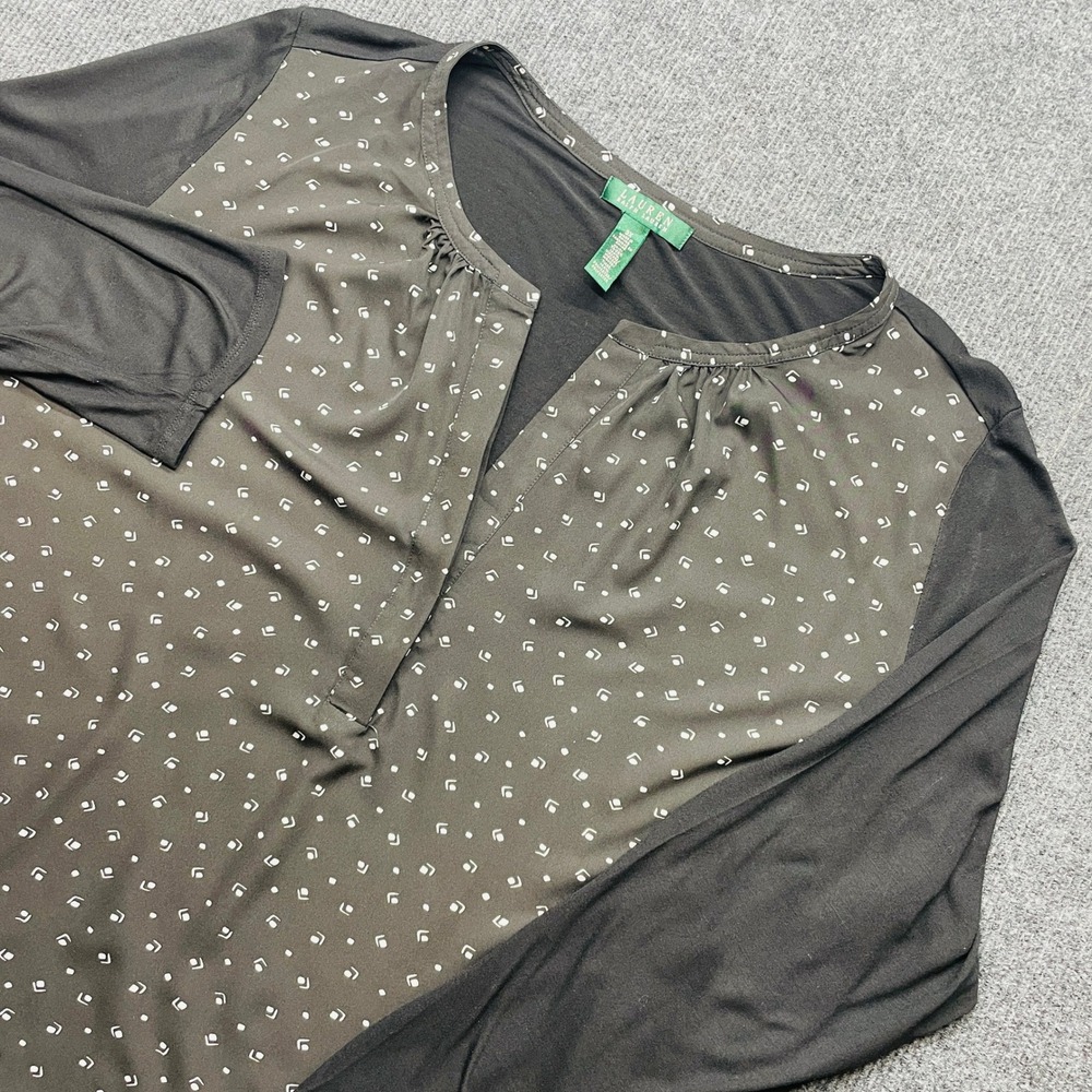 Lauren Ralph Lauren Blouse 3X Black White Geometric Split Neck Mixed Media‎ Top